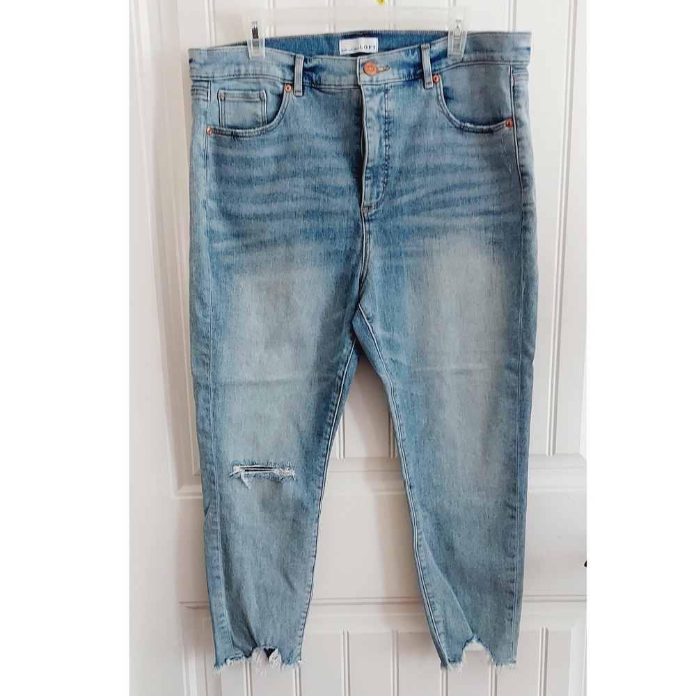 LOFT High Waist Skinny Jeans Womens 18/34 Light Blue Distressed Raw Step Hem